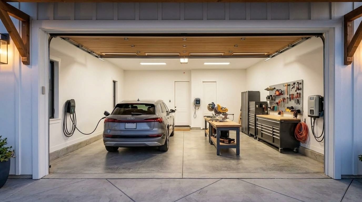 Bell Garage Door Services Interior View of Custom Garage Door Overhead and Workshop